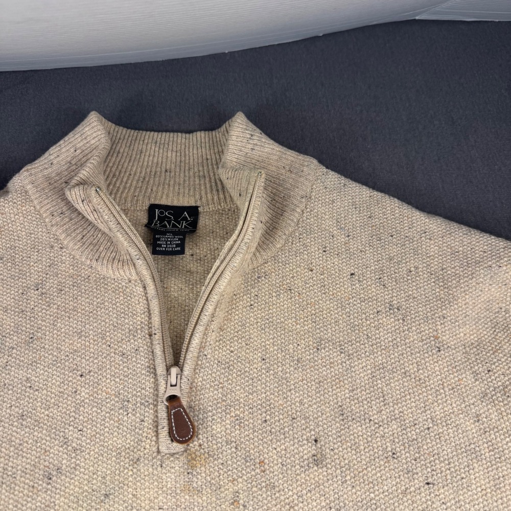 Jos A Bank Mens XL‎ Lambswool Blend Donegal Quarter Zip Sweater Beige Oatmeal